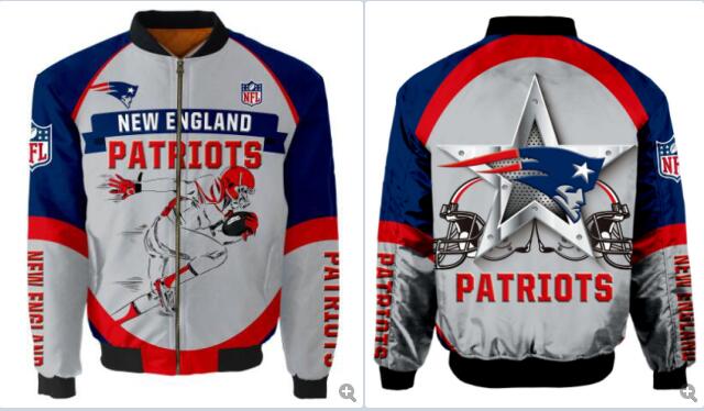 Mens NFL Football New England Patriots Flying Stand Neck Coat 3D Digital Printing Customized Jackets 2