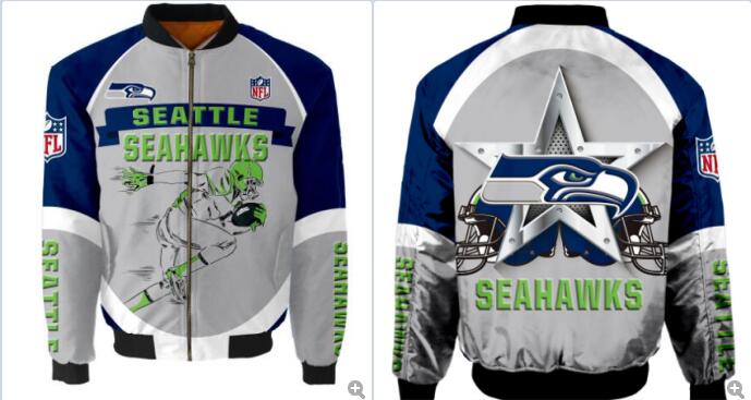 Mens NFL Football Seattle Seahawks Flying Stand Neck Coat 3D Digital Printing Customized Jackets 1