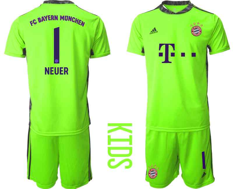 2020-21 Bayern Munich 1 NEUER Fluorescent Green Youth Goalkeeper Soccer Jersey