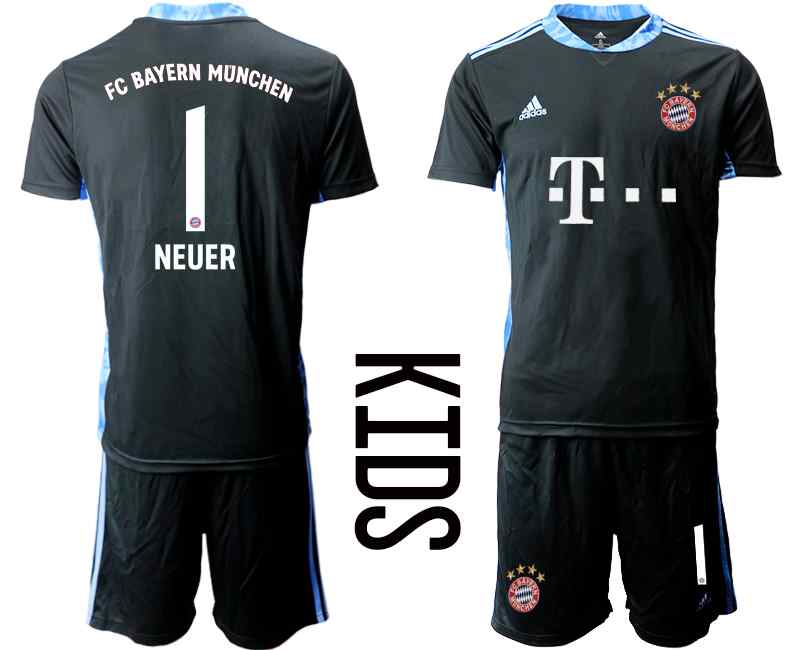 2020-21 Bayern Munich 1 NEUER Black Youth Goalkeeper Soccer Jersey