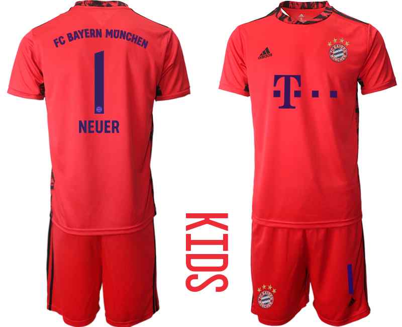 2020-21 Bayern Munich 1 NEUER Red Youth Goalkeeper Soccer Jersey