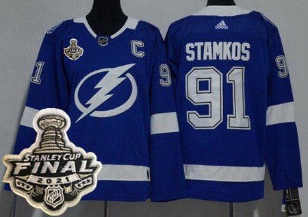 Youth Tampa Bay Lightning #91 Steven Stamkos Blue 2021 Stanley Cup Finals Authentic Jersey