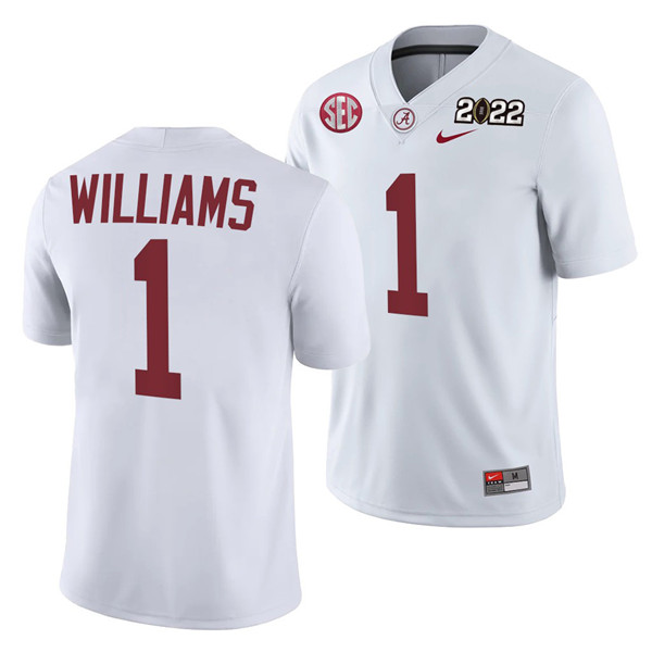 Alabama Crimson Tide #1 Jameson Williams 2022 Patch White College Football Stitched Jersey