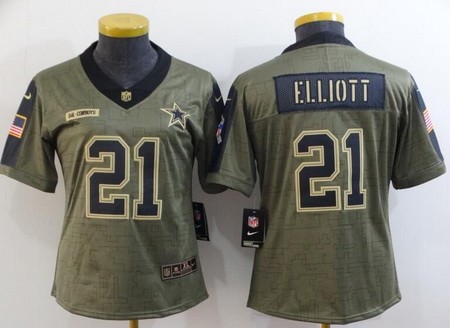 Women's Dallas Cowboys #21 Ezekiel Elliott Limited Olive 2021 Salute To Service Jersey