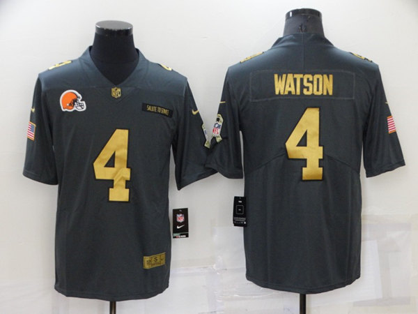 Men's Cleveland Browns 4 Deshaun Watson Grey Gold Salute To Service Limited Stitched Jersey