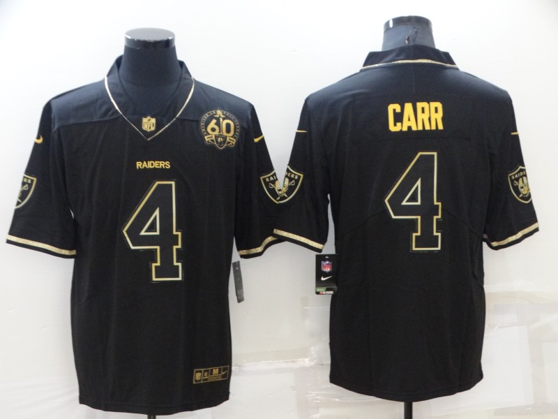 Men's Las Vegas Raiders 4 Derek Carr Black Golden Edition 60th Patch Stitched Nike Limited Jersey