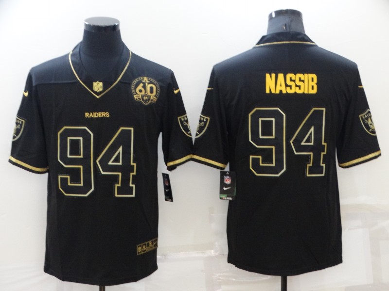 Men's Las Vegas Raiders 94 Carl Nassib Black Golden Edition 60th Patch Stitched Nike Limited Jersey