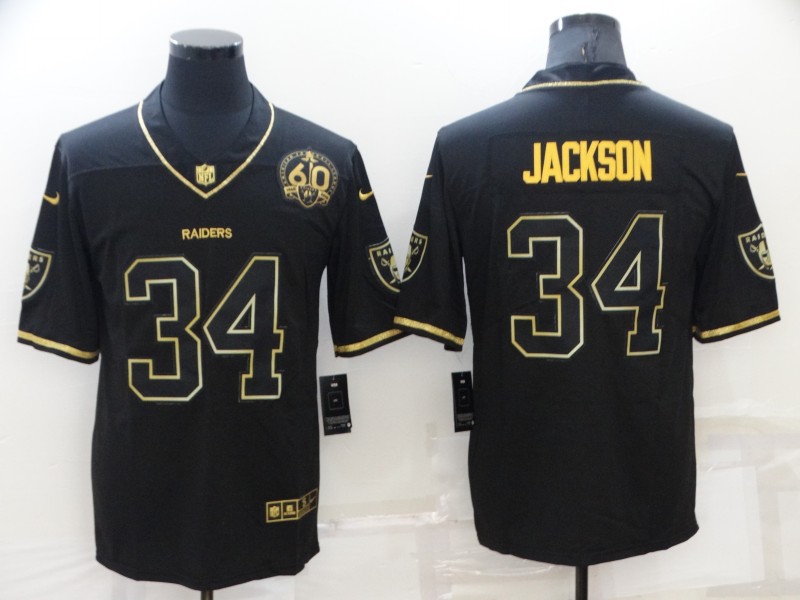 Men's Las Vegas Raiders 34 Bo Jackson Black Golden Edition 60th Patch Stitched Nike Limited Jersey