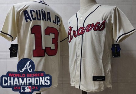 Men's Atlanta Braves #13 Ronald Acuna Jr Cream 2021 World Series Champions Cool Base Jersey