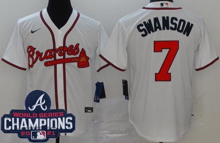 Men's Atlanta Braves #7 Dansby Swanson White 2021 World Series Champions Cool Base Jersey