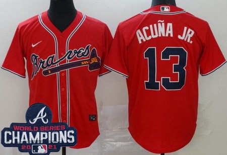 Men's Atlanta Braves #13 Ronald Acuna Jr Red 2021 World Series Champions Cool Base Jersey