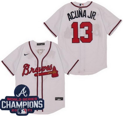 Men's Atlanta Braves #13 Ronald Acuna Jr White 2021 World Series Champions Cool Base Jersey