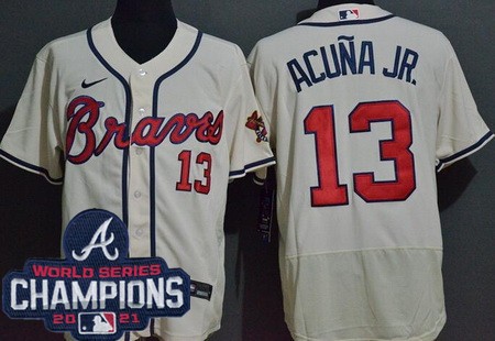 Men's Atlanta Braves #13 Ronald Acuna Jr Cream 2021 World Series Champions Authentic Jersey