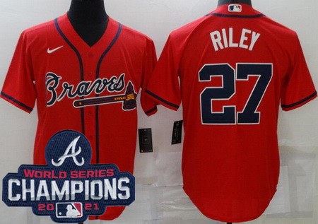 Men's Atlanta Braves #27 Austin Riley Red 2021 World Series Champions Cool Base Jersey