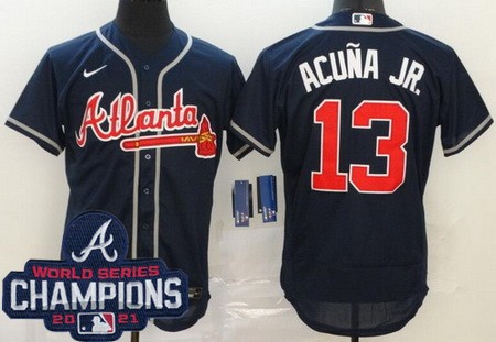 Men's Atlanta Braves #13 Ronald Acuna Jr Navy 2021 World Series Champions Authentic Jersey