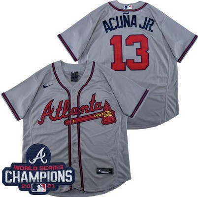 Men's Atlanta Braves #13 Ronald Acuna Jr Gray 2021 World Series Champions Authentic Jersey