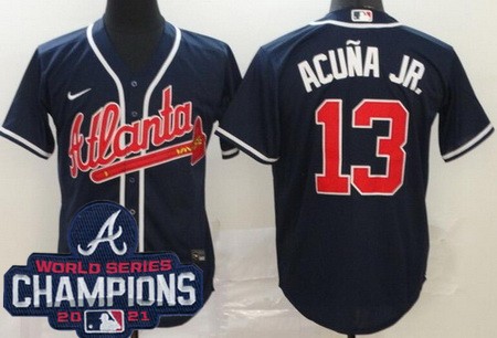 Men's Atlanta Braves #13 Ronald Acuna Jr Navy 2021 World Series Champions Cool Base Jersey