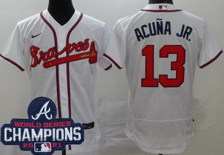 Men's Atlanta Braves #13 Ronald Acuna Jr White 2021 World Series Champions Authentic Jersey