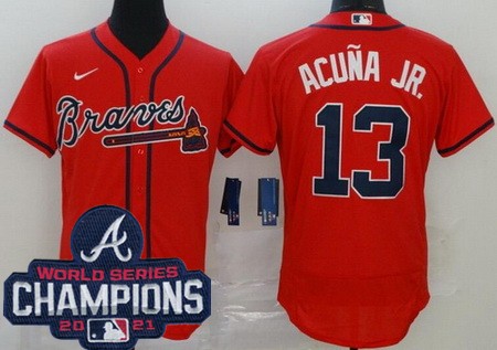 Men's Atlanta Braves #13 Ronald Acuna Jr Red 2021 World Series Champions Authentic Jersey
