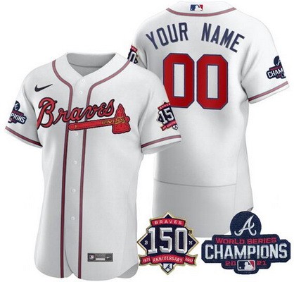 Men's Atlanta Braves Customized White 2021 World Series Champions 150th Anniversary Authentic Jersey