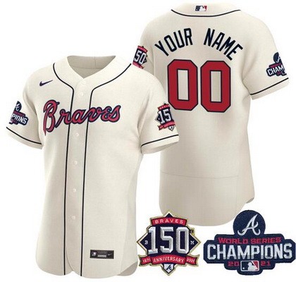 Men's Atlanta Braves Customized Cream 2021 World Series Champions 150th Anniversary Authentic Jersey