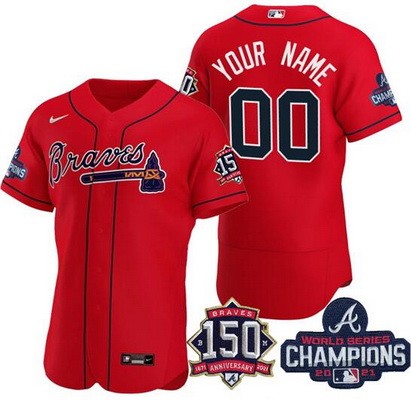 Men's Atlanta Braves Customized Red 2021 World Series Champions 150th Anniversary Authentic Jersey