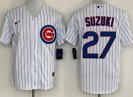 Men's Chicago Cubs #27 Seiya Suzuki White Cool Base Jersey
