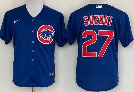 Men's Chicago Cubs #27 Seiya Suzuki Blue Cool Base Jersey