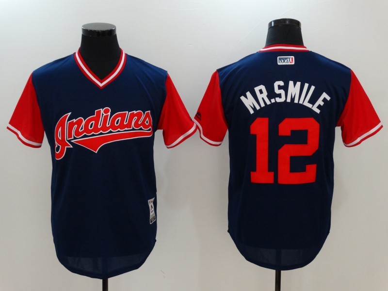 Men's Cleveland Indians #12 Francisco Lindor Mr. Smile Navy Red Cool Base Stitched Baseball Jersey
