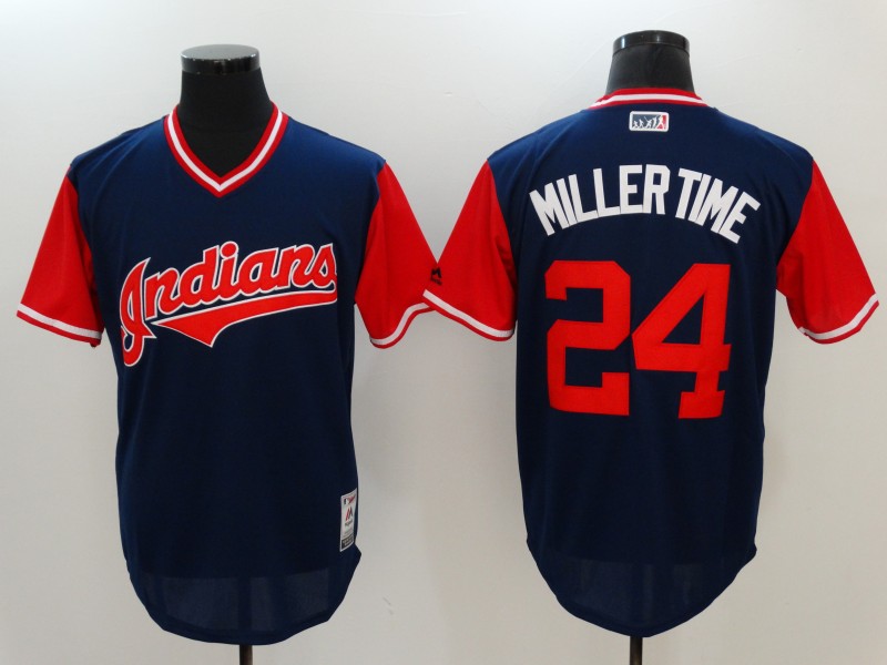 Men's Cleveland Indians 24 Millertime Navy Red Cool Base Stitched Baseball Jersey