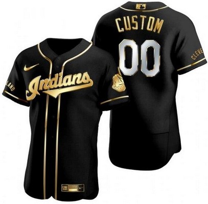 Men's Cleveland Indians Customized Black Gold Authentic Jersey