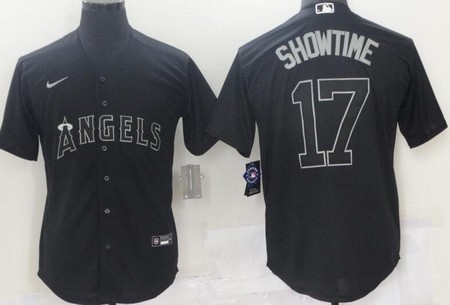 Men's Los Angeles Angels #17 Shohei Ohtani Showtime Black Nickname Cool Base Jersey