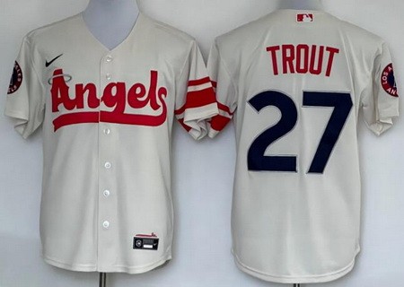 Men's Los Angeles Angels #27 Mike Trout Cream 2022 City Connect Cool Base Jersey
