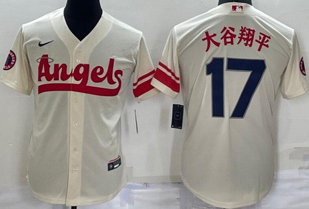 Men's Los Angeles Angels #17 Shohei Ohtani Cream 2022 City Connect Japanese Name Cool Base Jersey