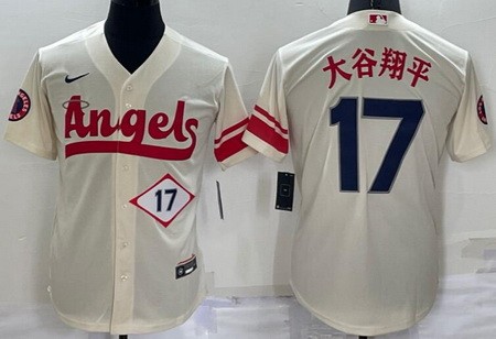 Men's Los Angeles Angels #17 Shohei Ohtani Cream 2022 City Connect Player Number Japanese Name Cool Base Jersey