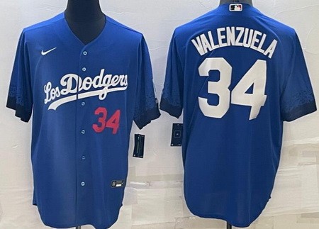 Men's Los Angeles Dodgers #34 Fernando Valenzuela Blue 2021 City Red Number Cool Base Jersey