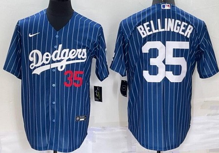 Men's Los Angeles Dodgers #35 Cody Bellinger Blue Stripes Red Number Cool Base Jersey