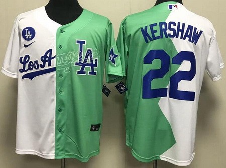 Men's Los Angeles Dodgers #22 Clayton Kershaw White Green 2022 Celebrity Softball Game Cool Base Jersey