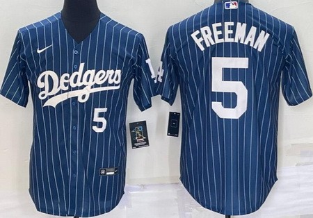 Men's Los Angeles Dodgers #5 Freddie Freeman Blue Stripes White Number Cool Base Jersey