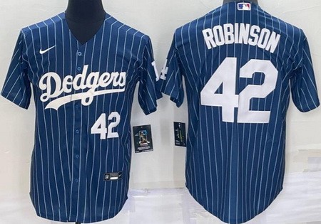 Men's Los Angeles Dodgers #42 Jackie Robinson Blue Stripes White Number Cool Base Jersey