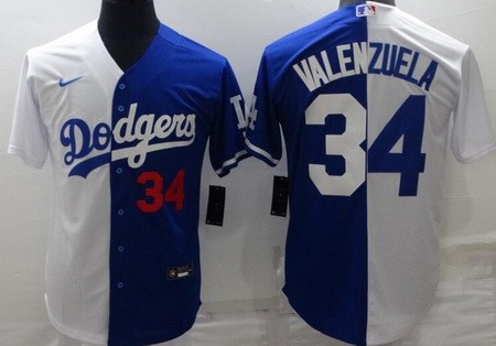 Men's Los Angeles Dodgers #34 Fernando Valenzuela Blue White Split Red Number Cool Base Jersey