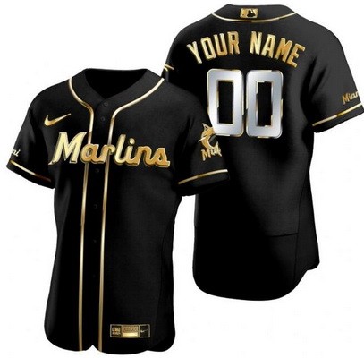 Men's  Women Youth Miami Marlins Customized Black Gold Authentic Jersey