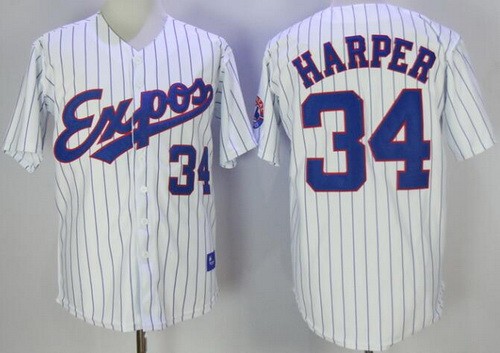Men's Montreal Expos #34 Bryce Harper White Stripes 1982 Throwback Jersey