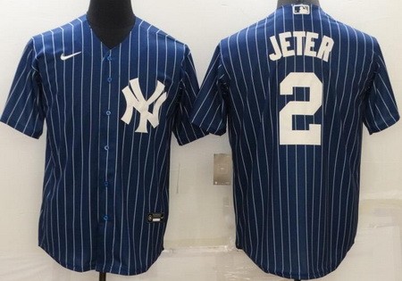 Men's New York Yankees #2 Derek Jeter Blue Stripes Player Name Cool Base Jersey