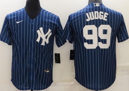 Men's New York Yankees #99 Aaron Judge Blue Stripes Player Name Cool Base Jersey