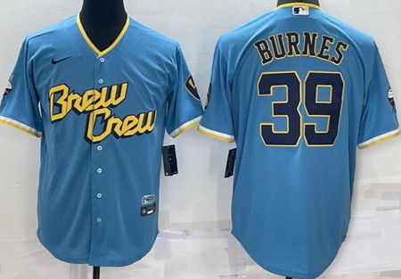 Men's Milwaukee Brewers #39 Corbin Burnes Powder Blue 2022 City Connect Cool Base Jersey