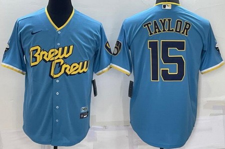 Men's Milwaukee Brewers #15 Tyrone Taylor Blue 2022 City Connect Cool Base Jersey
