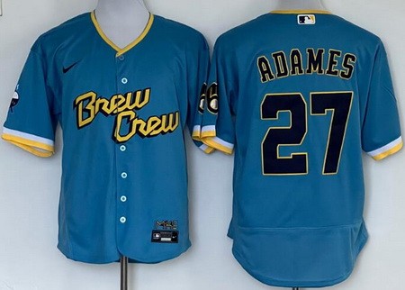 Men's Milwaukee Brewers #27 Willy Adames Powder Blue 2022 City Connect Authentic Jersey