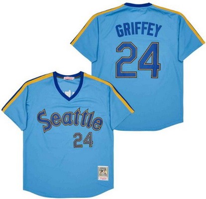 Men's Seattle Mariners #24 Ken Griffey Light Blue Throwback Jersey