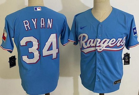 Men's Texas Rangers #34 Nolan Ryan Light Blue Team Logo Cool Base Jersey